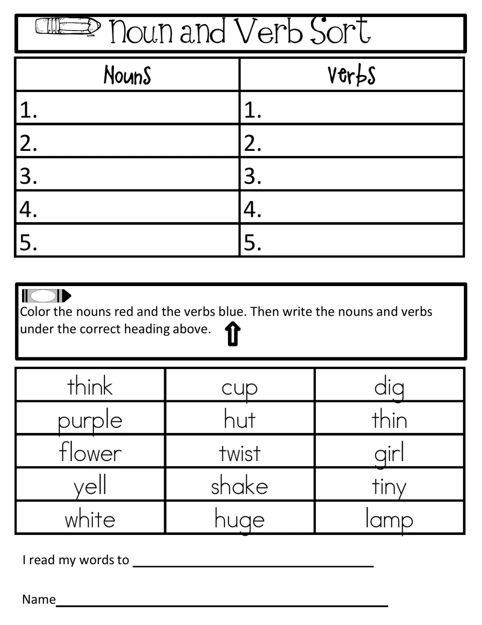 Noun and verb sort using think, flower, twist, girl and lamp, with describing words like purple and tiny mixed in