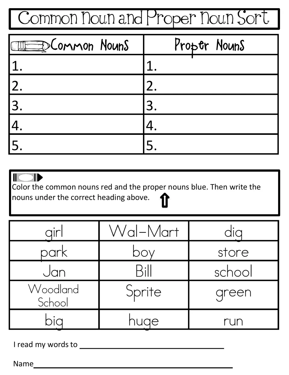 Common and proper noun sort: color common nouns red, proper nouns like Wal-Mart and Jan blue, then list them