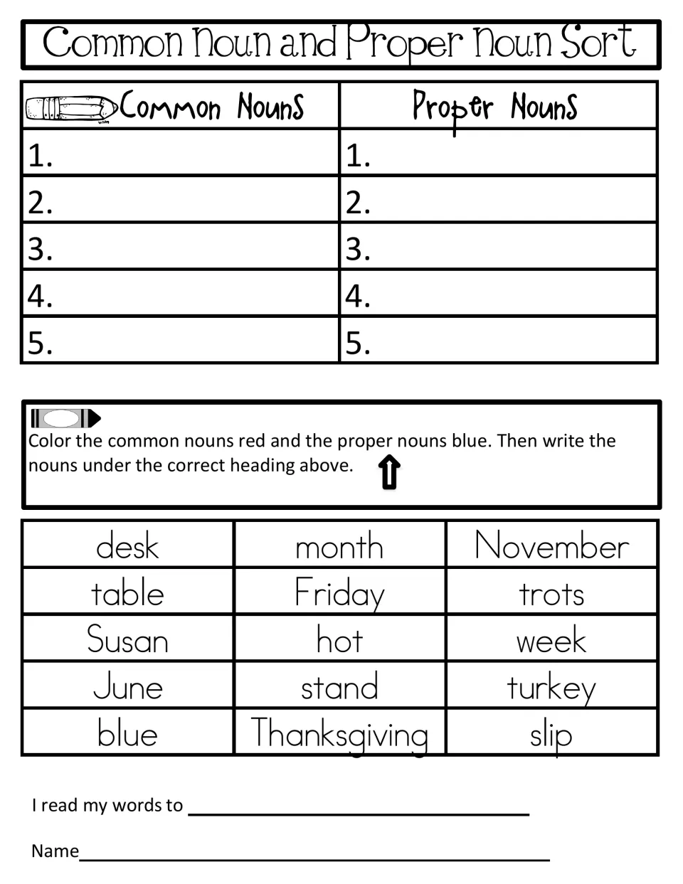 Common and proper noun sort: students color and list words such as November, Friday, Thanksgiving, desk and week