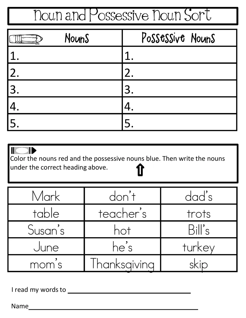 Noun and possessive noun sort: students color nouns red and possessives like dad's and Susan's blue, then list them