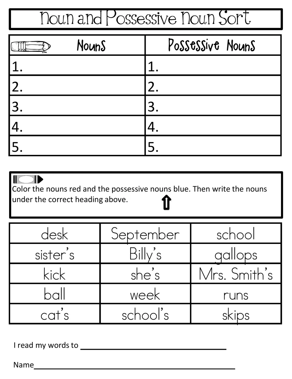 Noun and possessive noun sort: students separate sister's, cat's and Mrs. Smith's from nouns and contractions like she's