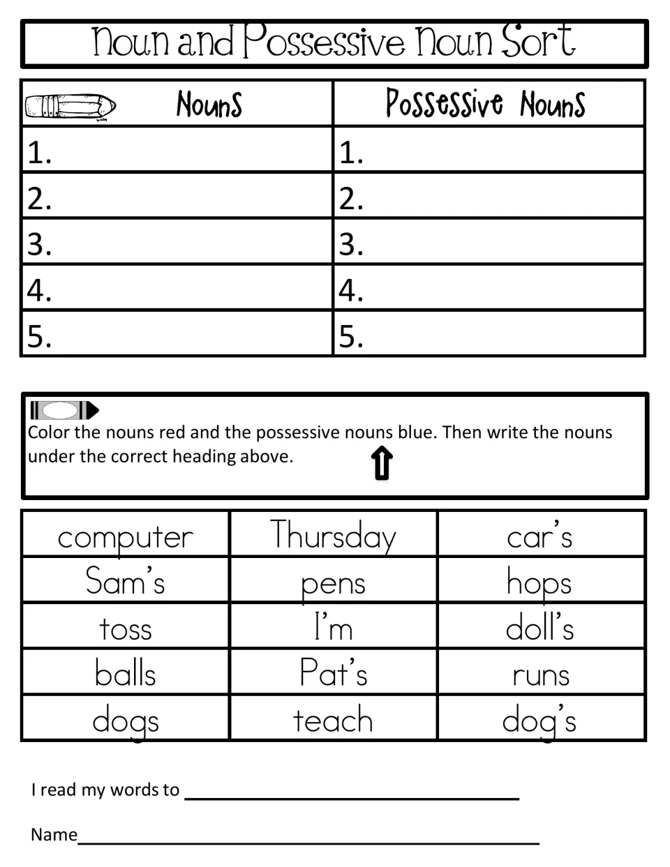 Noun and possessive noun sort: students tell plurals like dogs and balls from possessives like dog's, Sam's and doll's