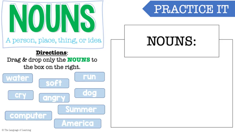 Nouns sorting practice: students drag only the nouns, like dog, computer and America, from mixed words into a box
