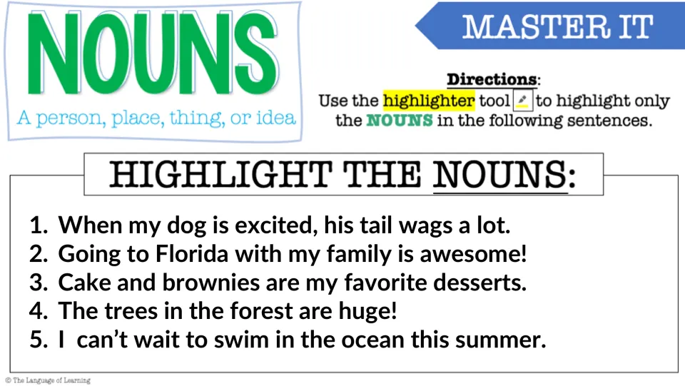 Nouns in sentences: students use the highlighter tool to mark the nouns in five sentences about dogs, Florida and cake