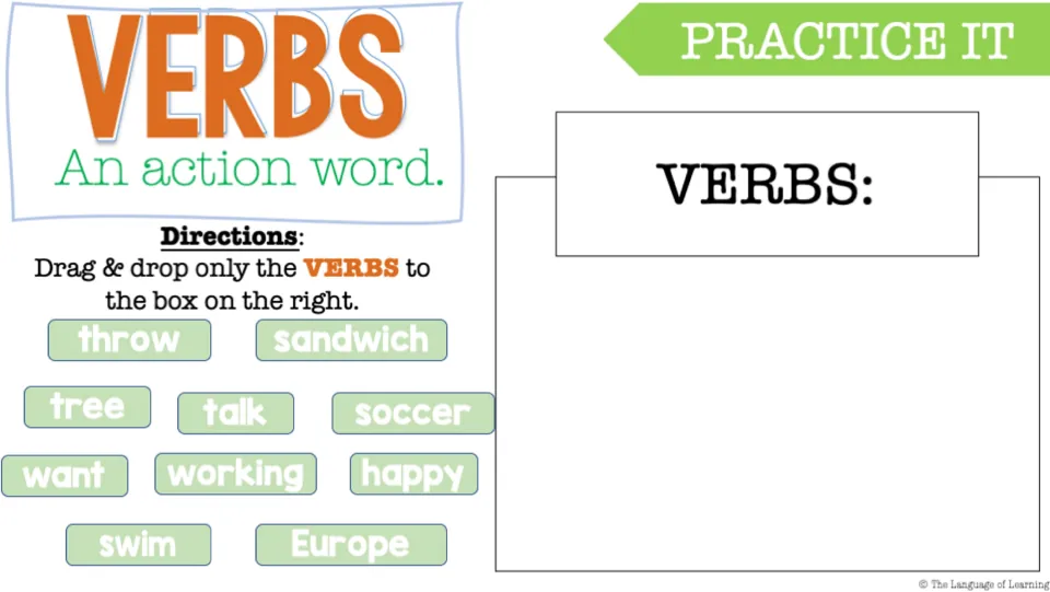 Verbs sorting practice: students drag only the action words, like throw, talk and swim, from mixed words into a box