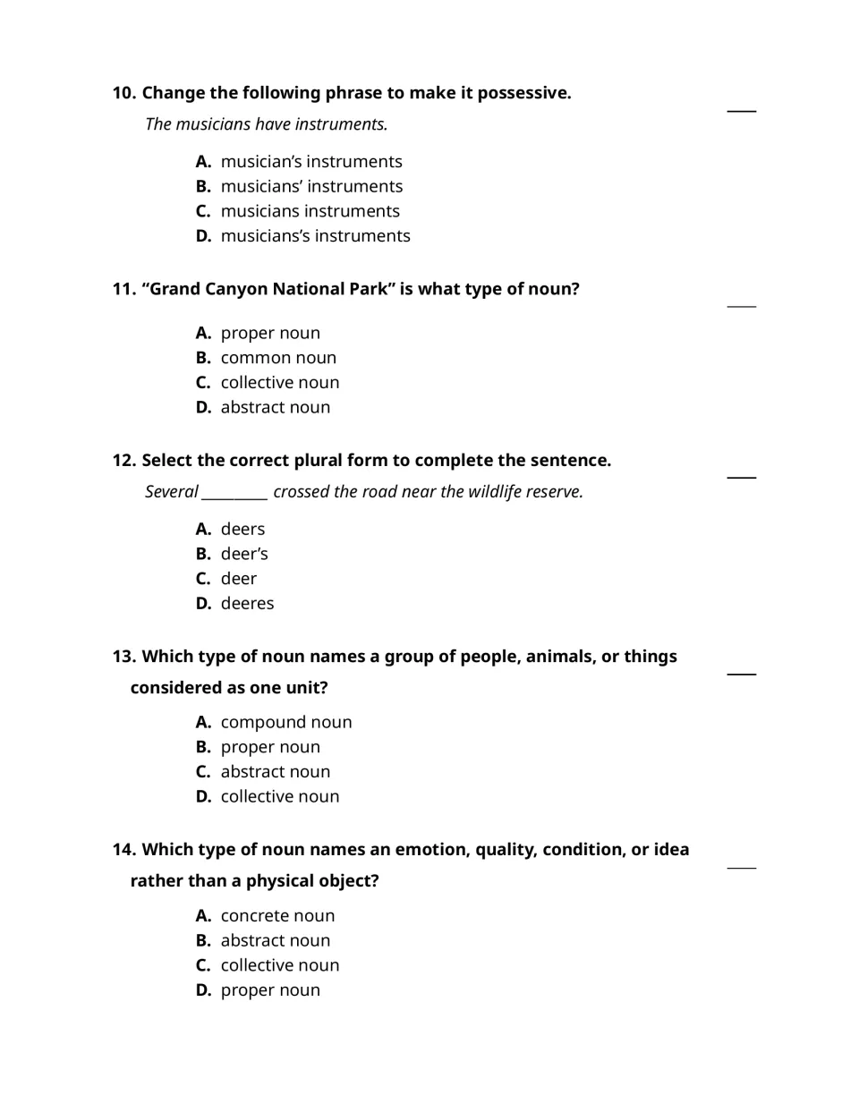Noun practice questions 10–14: musicians' instruments, Grand Canyon National Park, deer, and noun types.