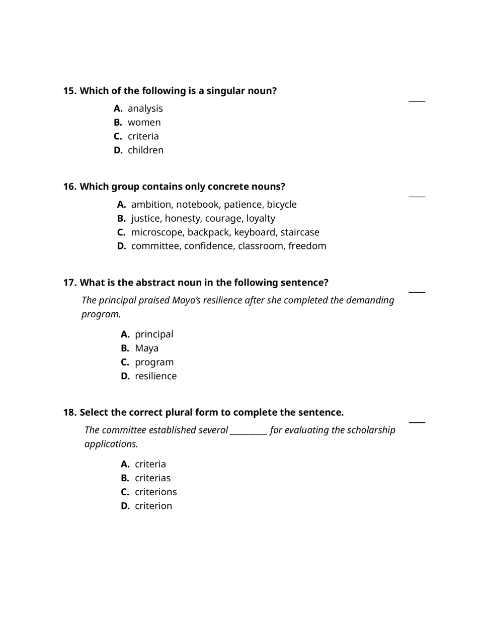 Noun practice questions 15–18: singular analysis, concrete noun groups, Maya's resilience, and criteria.