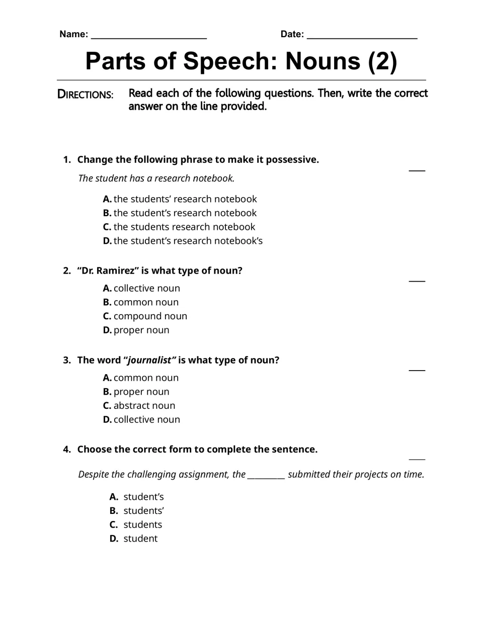 Noun questions 1–4 cover the student’s research notebook, Dr. Ramirez, journalist, and the plural students.