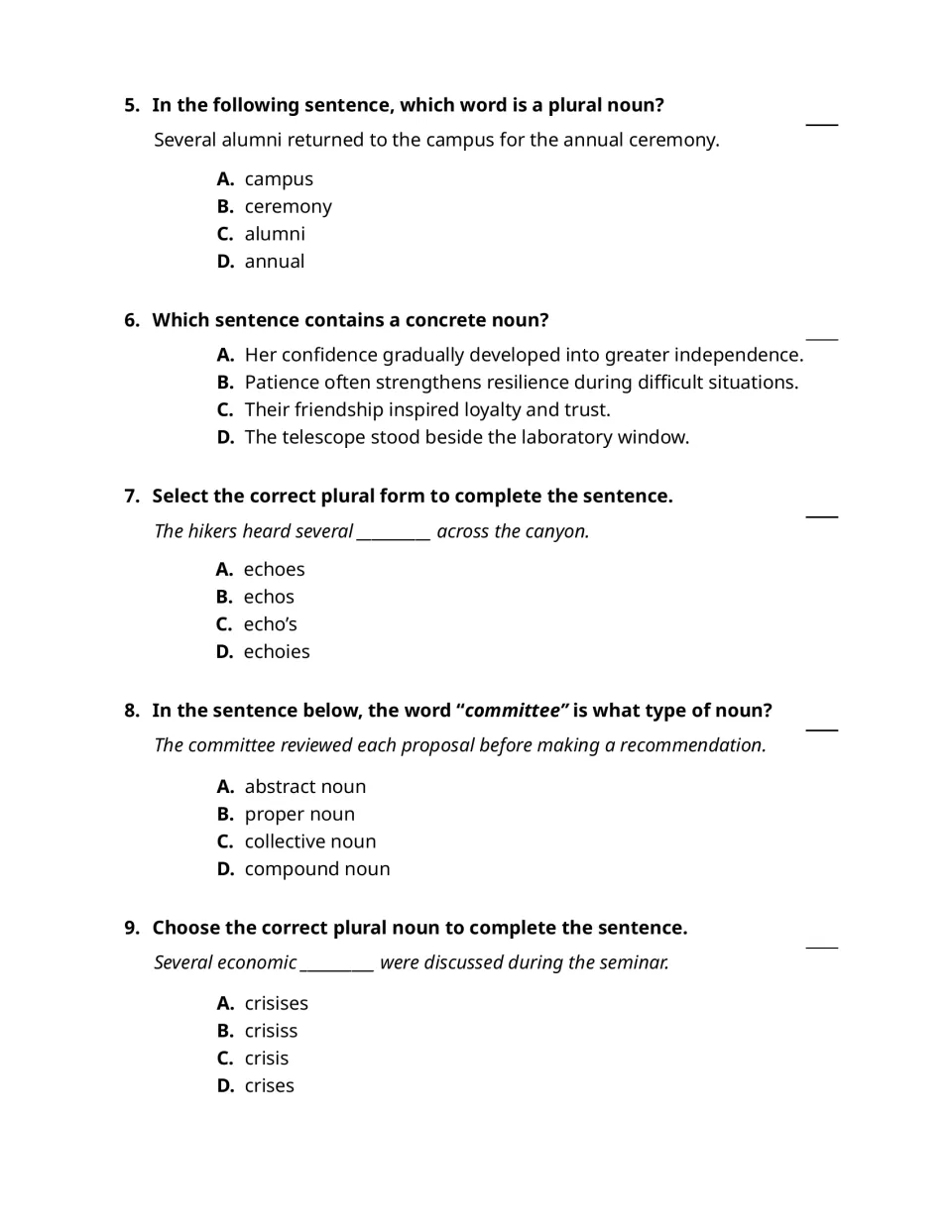 Noun questions 5–9 cover plural alumni, concrete nouns, plural echoes, collective committee, and crises.