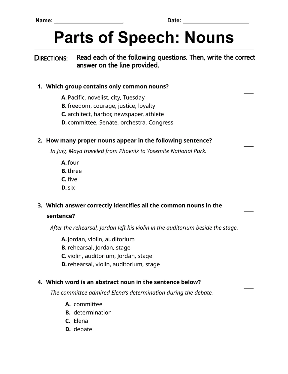 Noun questions 1–4: common and proper nouns, Maya’s trip to Yosemite National Park, and abstract nouns