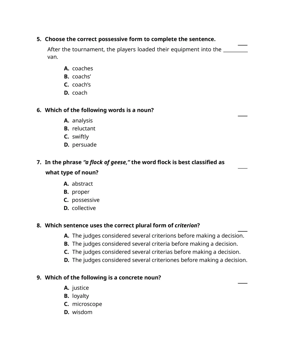 Noun questions 5–9: coach’s van, analysis, a flock of geese, the plural of criterion, and concrete nouns