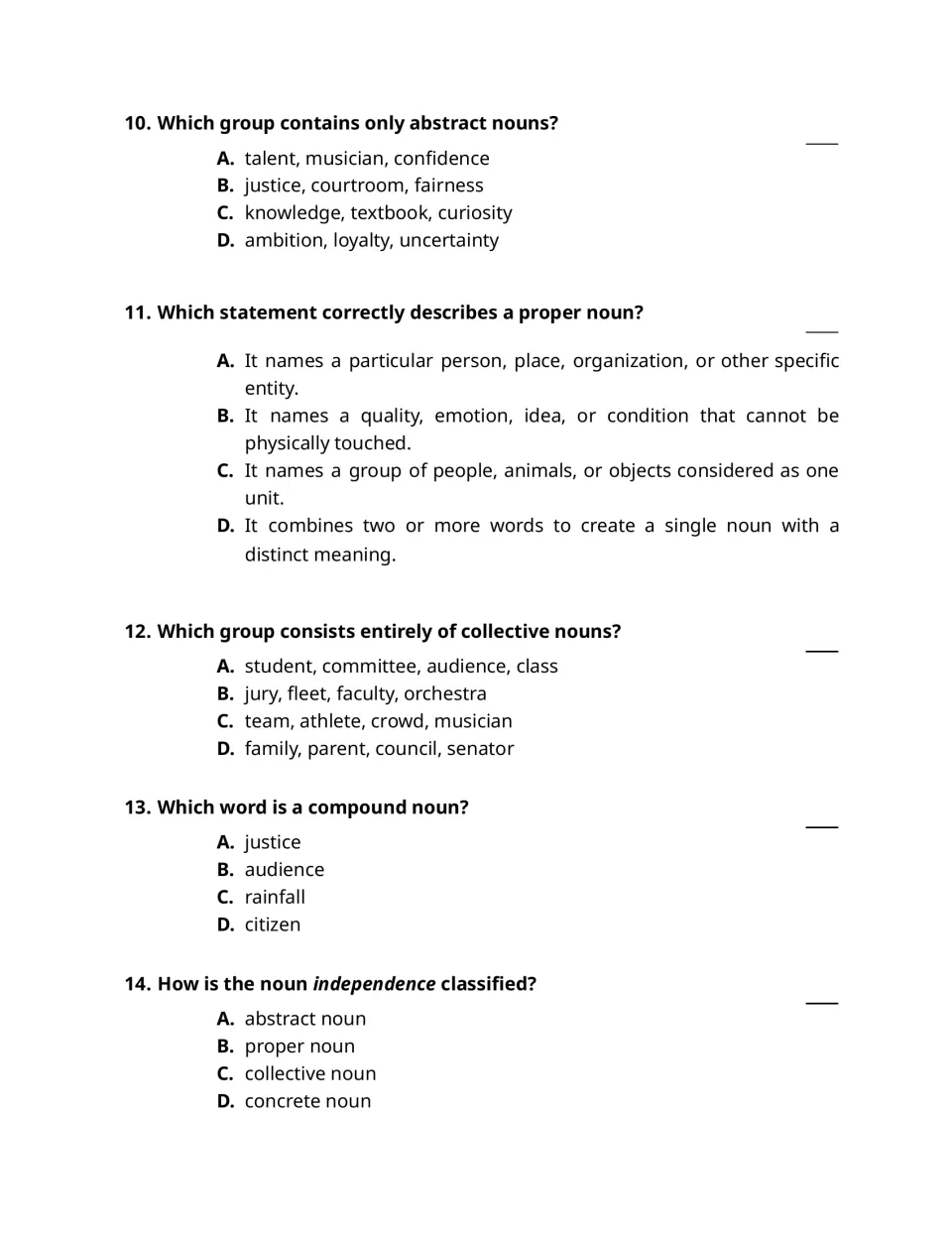 Noun questions 10–14: abstract, proper, collective, and compound nouns, including rainfall and independence