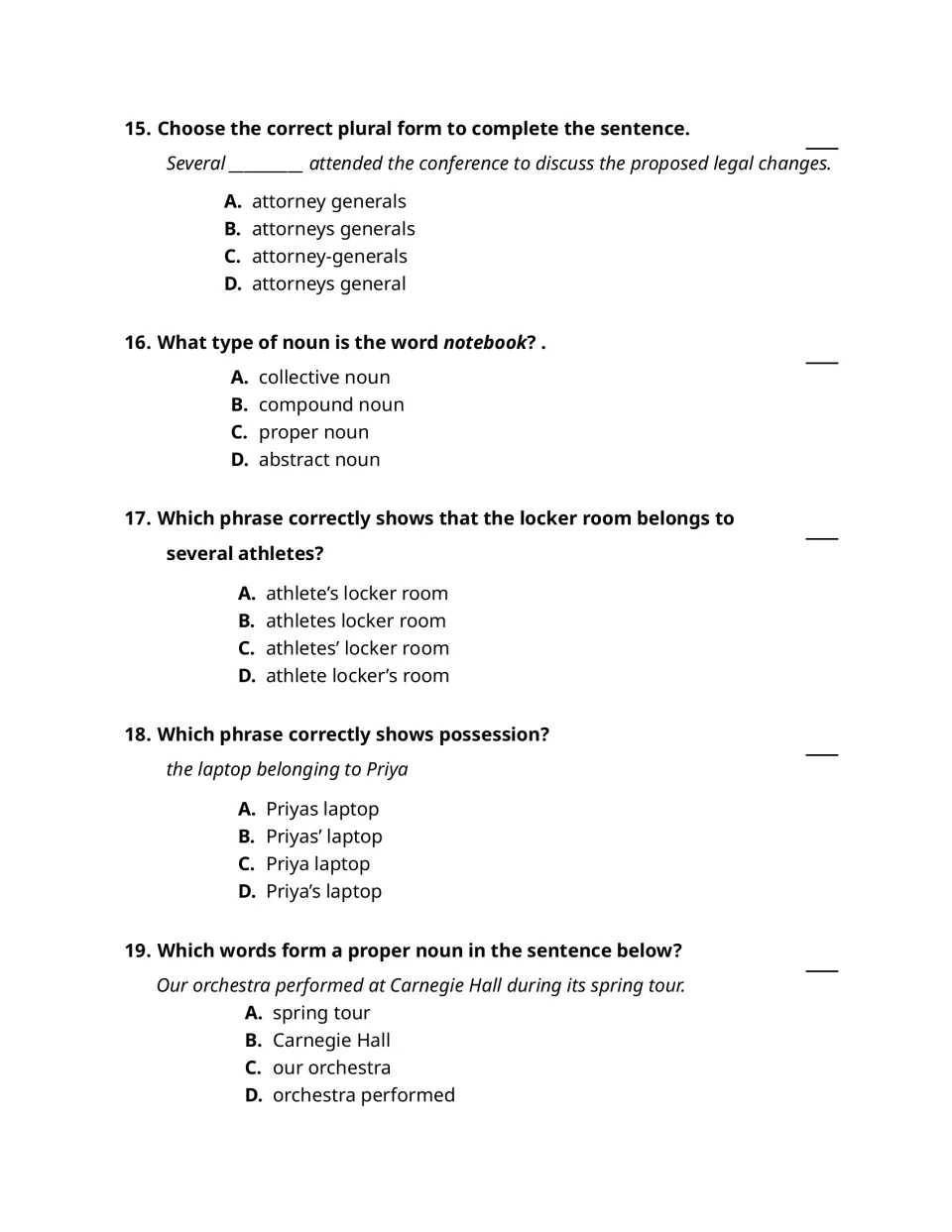 Noun questions 15–19: attorneys general, notebook, athletes’ locker room, Priya’s laptop, and Carnegie Hall
