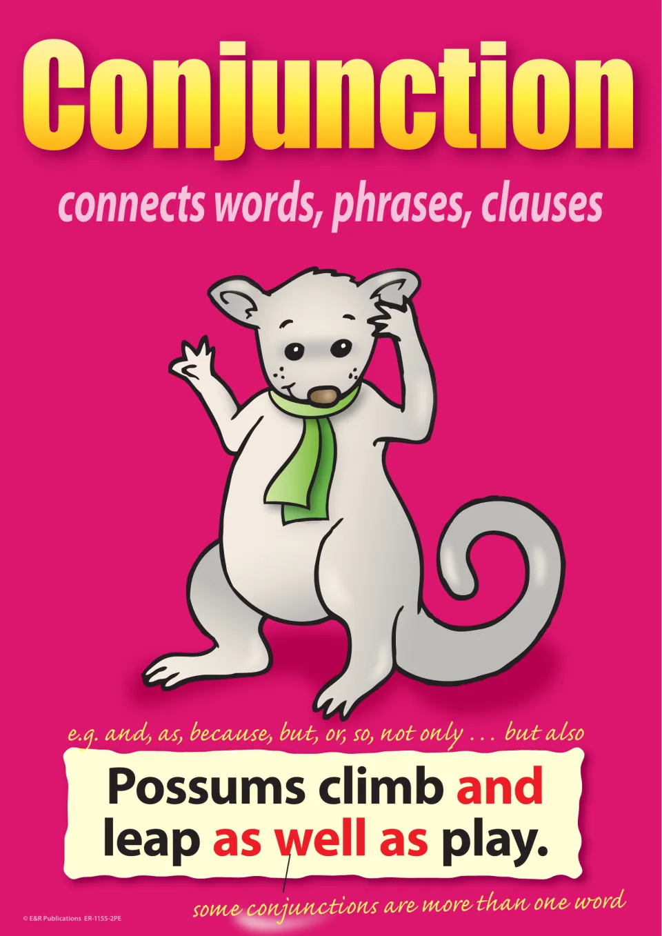 Conjunction poster: connects words, phrases, clauses; a possum sentence marks and plus the multi-word as well as