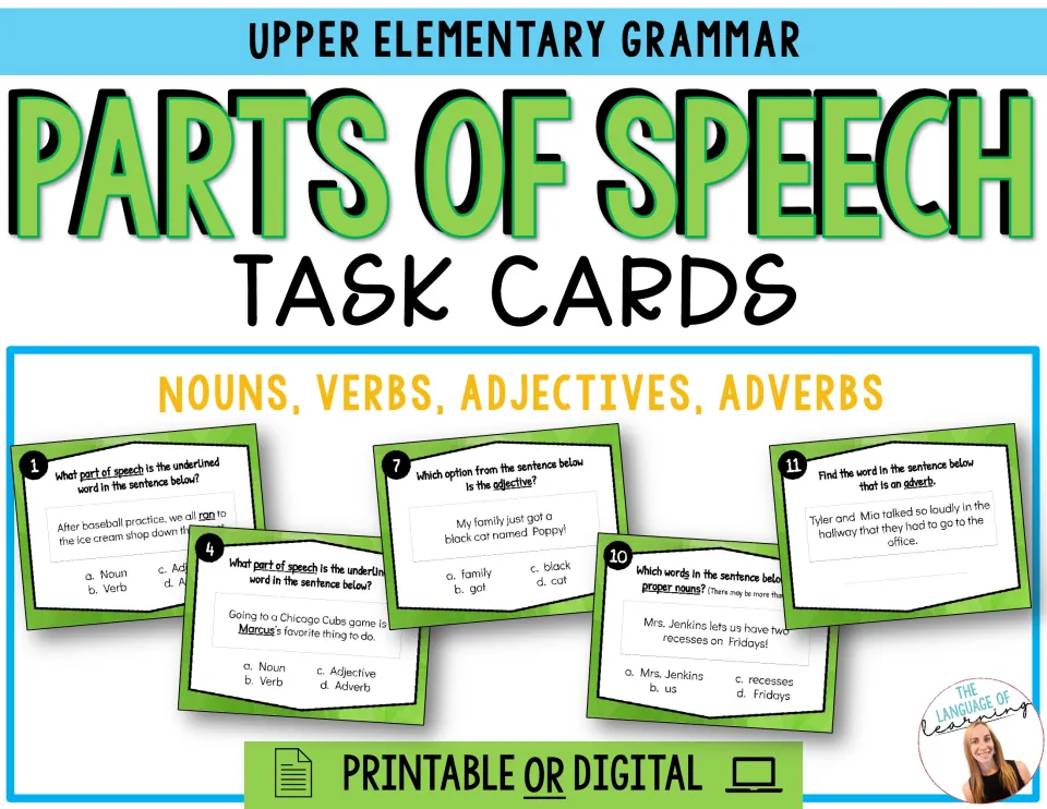 Parts of speech task cards cover: nouns, verbs, adjectives and adverbs sample cards, printable or digital, upper elementary