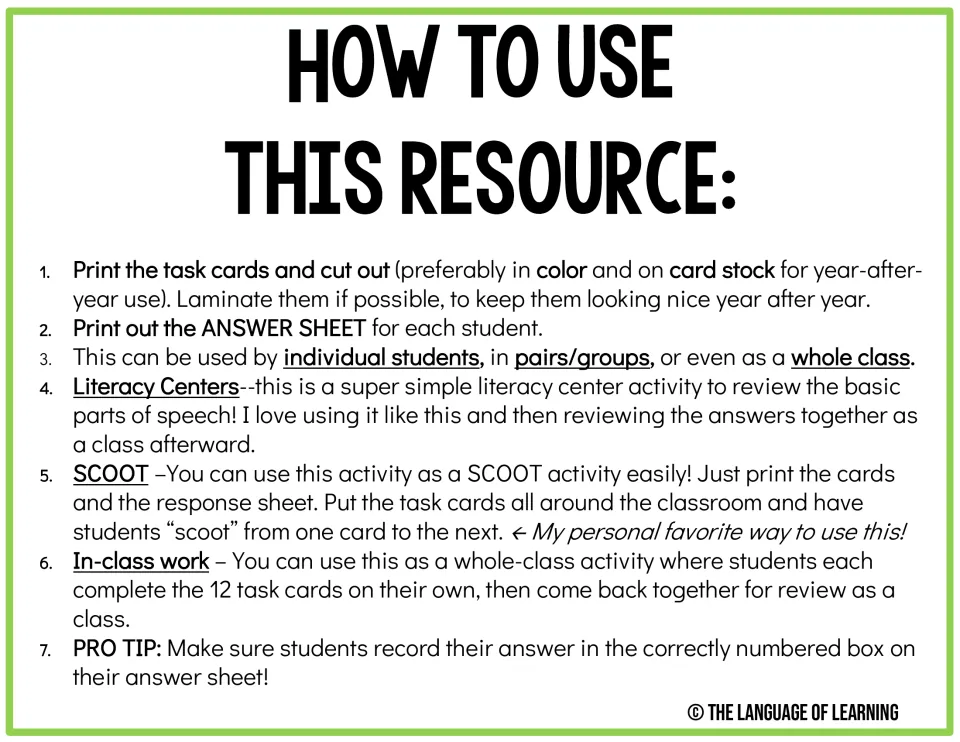 How to use this resource: seven tips on printing, laminating, answer sheets, literacy centers, SCOOT and whole-class review
