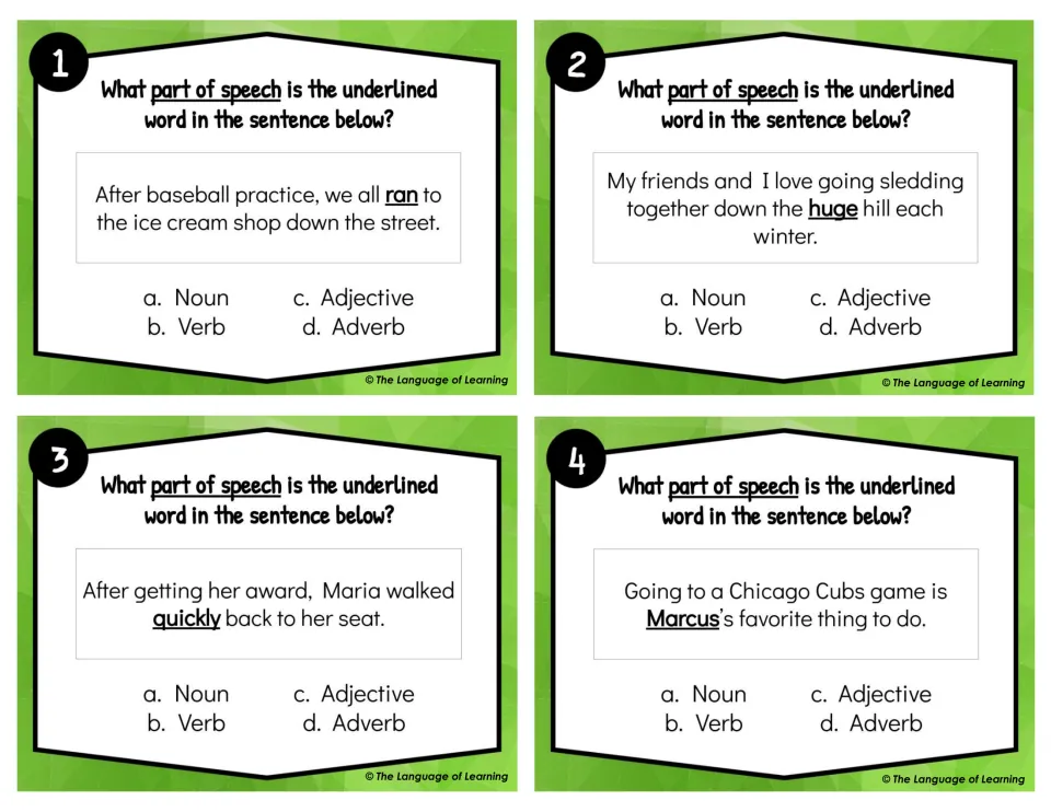 Cards 1-4: students label the underlined word (ran, huge, quickly, Marcus) as noun, verb, adjective or adverb