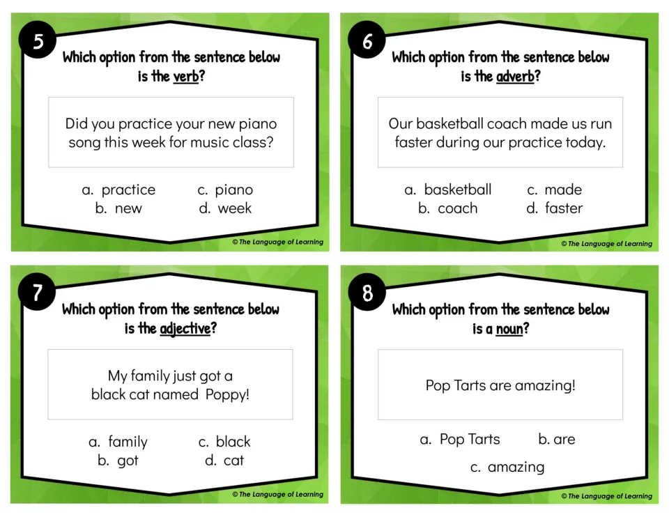 Cards 5-8: students choose which word in each sentence is the verb, adverb, adjective or noun from multiple-choice options