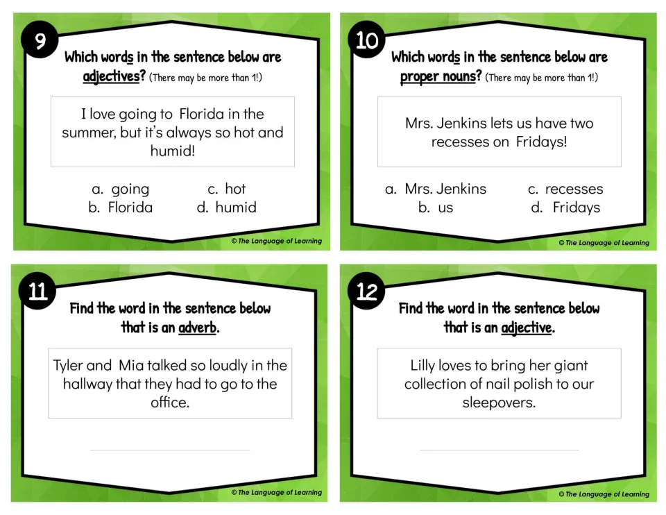 Cards 9-12: students pick adjectives and proper nouns from sentences, then write the adverb or adjective they find