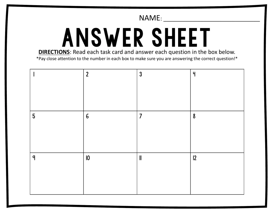 Answer sheet for recording responses: students write each card's answer in its matching numbered space, 1 through 12