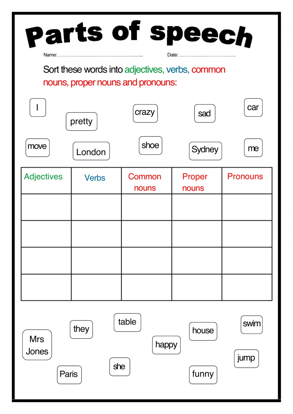 Parts of speech sort: students place 20 words like pretty, move, London and she under adjectives, verbs, nouns or pronouns