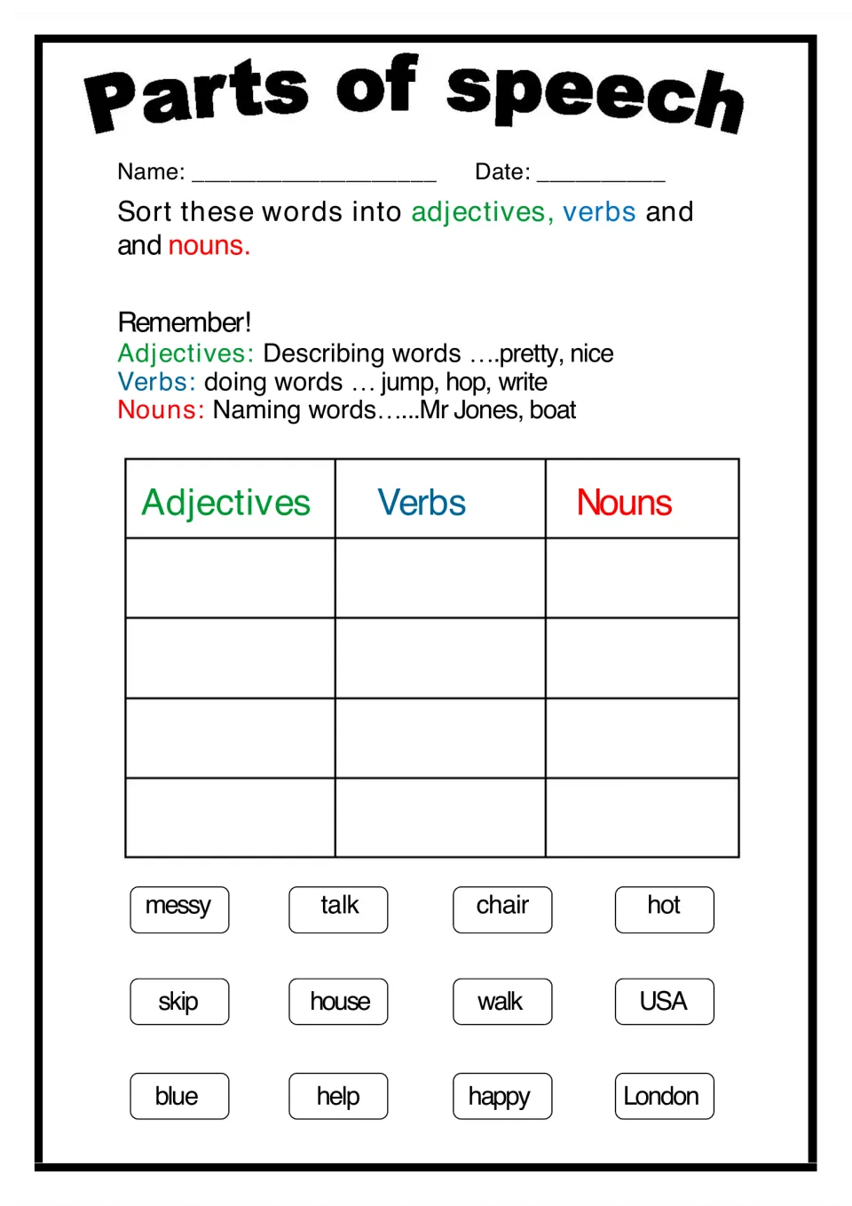 Parts of speech sort: students place 12 words like messy, skip, chair and London under adjectives, verbs or nouns