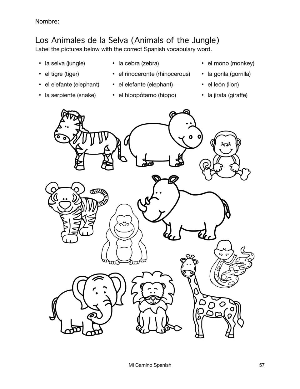 Animals of the jungle: students label a zebra, hippo, monkey, tiger, gorilla, rhino, elephant, lion, giraffe and snake