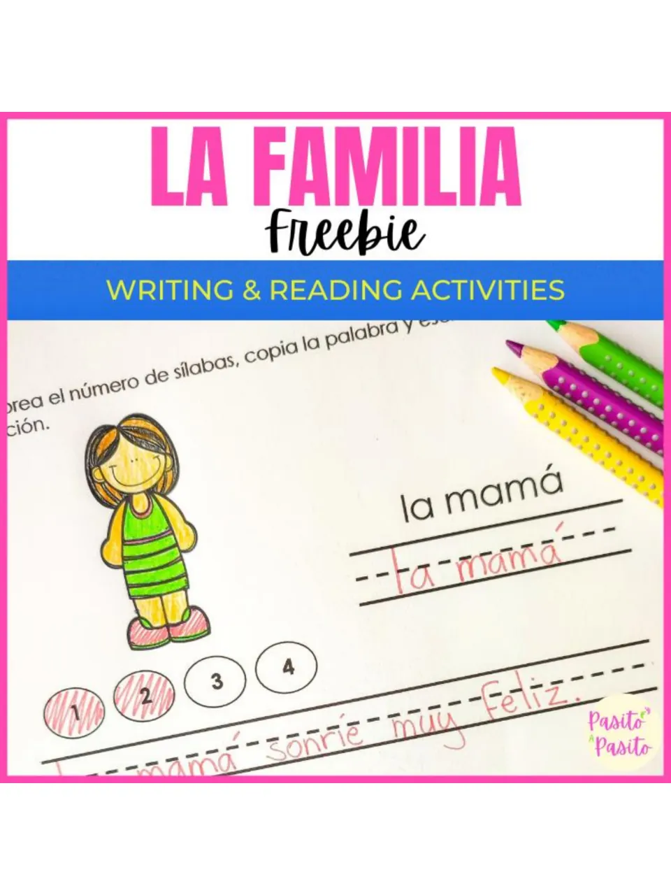 La Familia Freebie cover: Spanish family writing and reading activities, shown with a colored la mamá syllable page