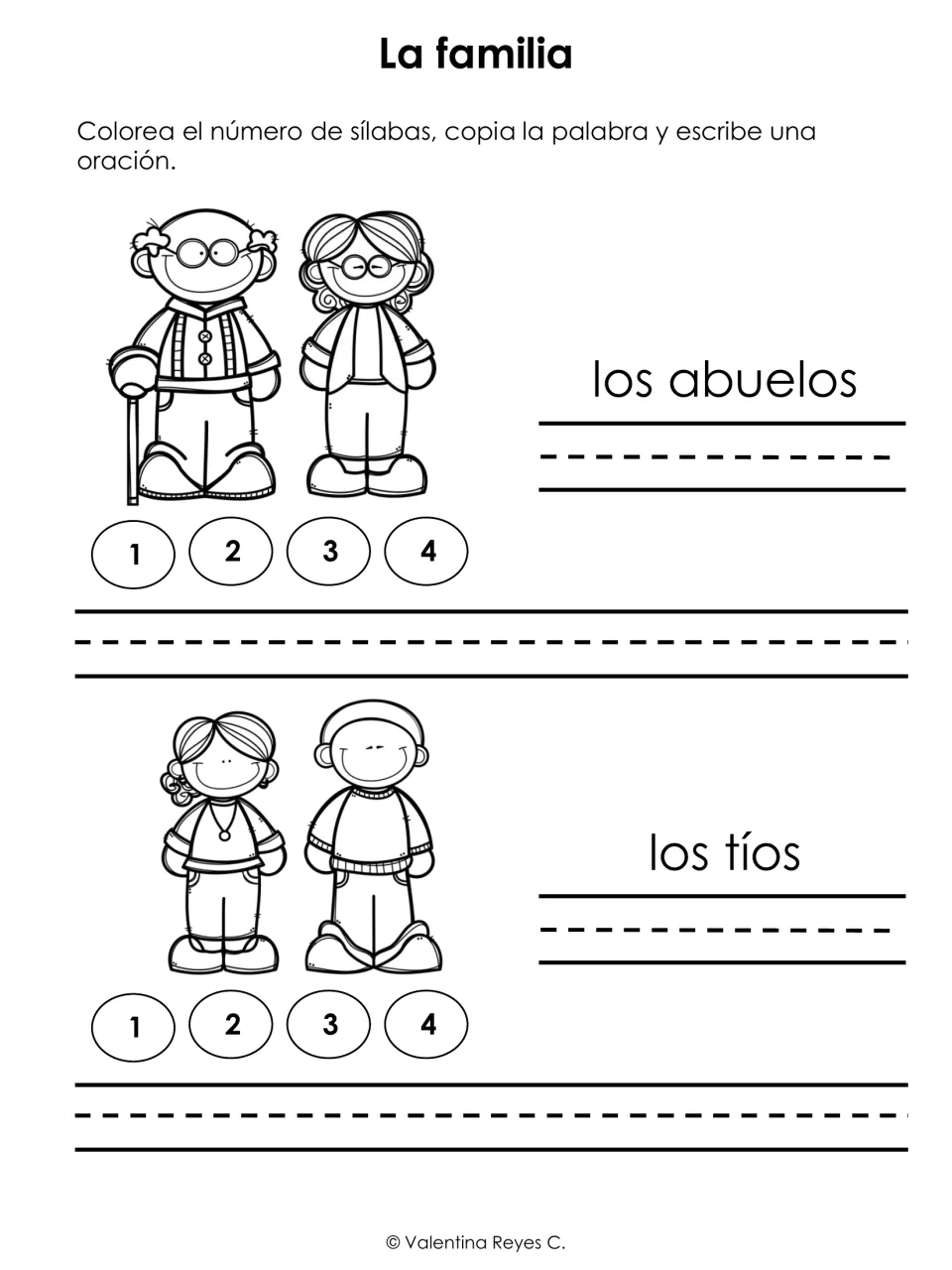 Syllable counting and sentence writing in Spanish for los abuelos and los tíos, with pictures of each pair