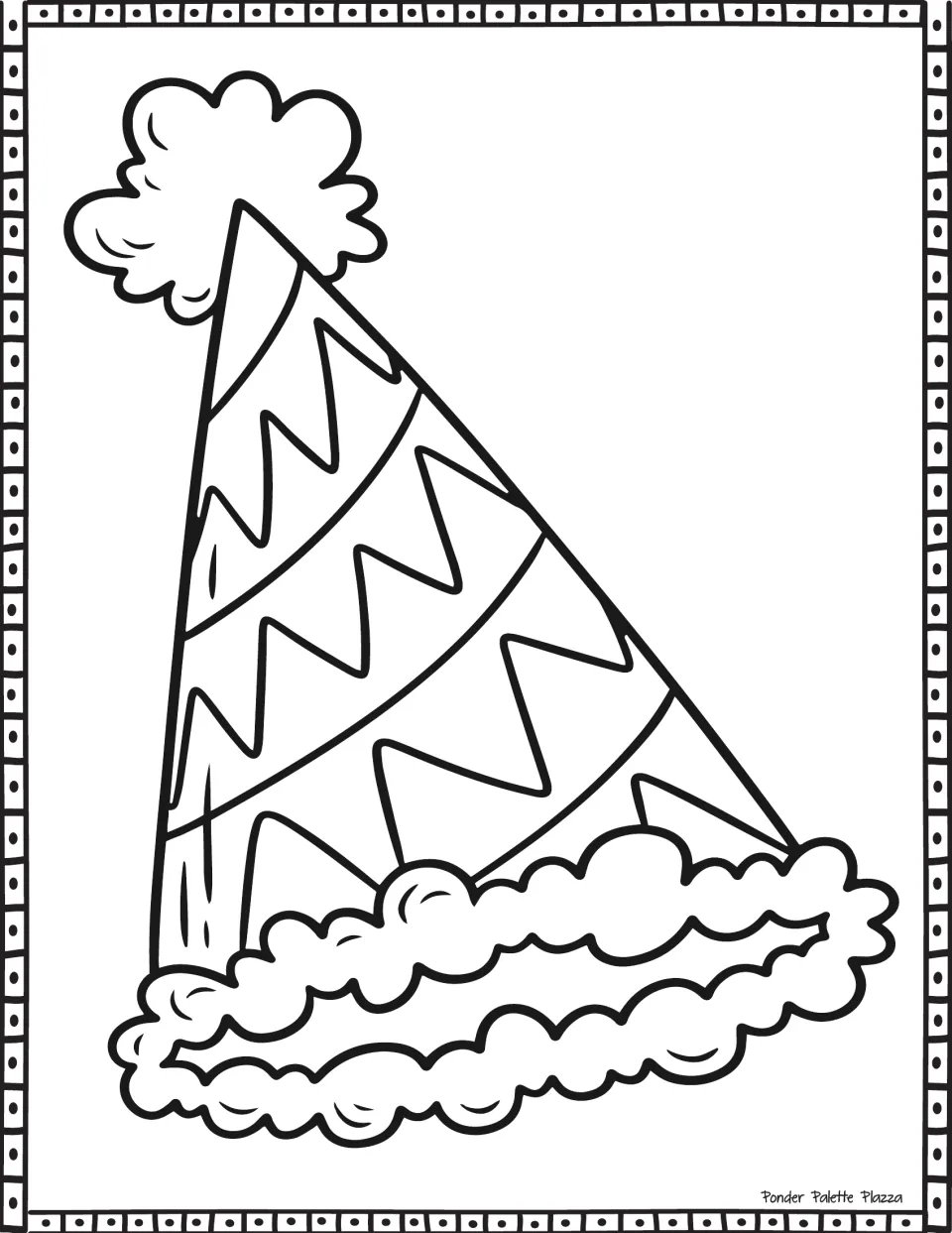 Party hat coloring: students color a cone hat with zigzag stripes, a fluffy pom-pom on top and a puffy trim at the brim