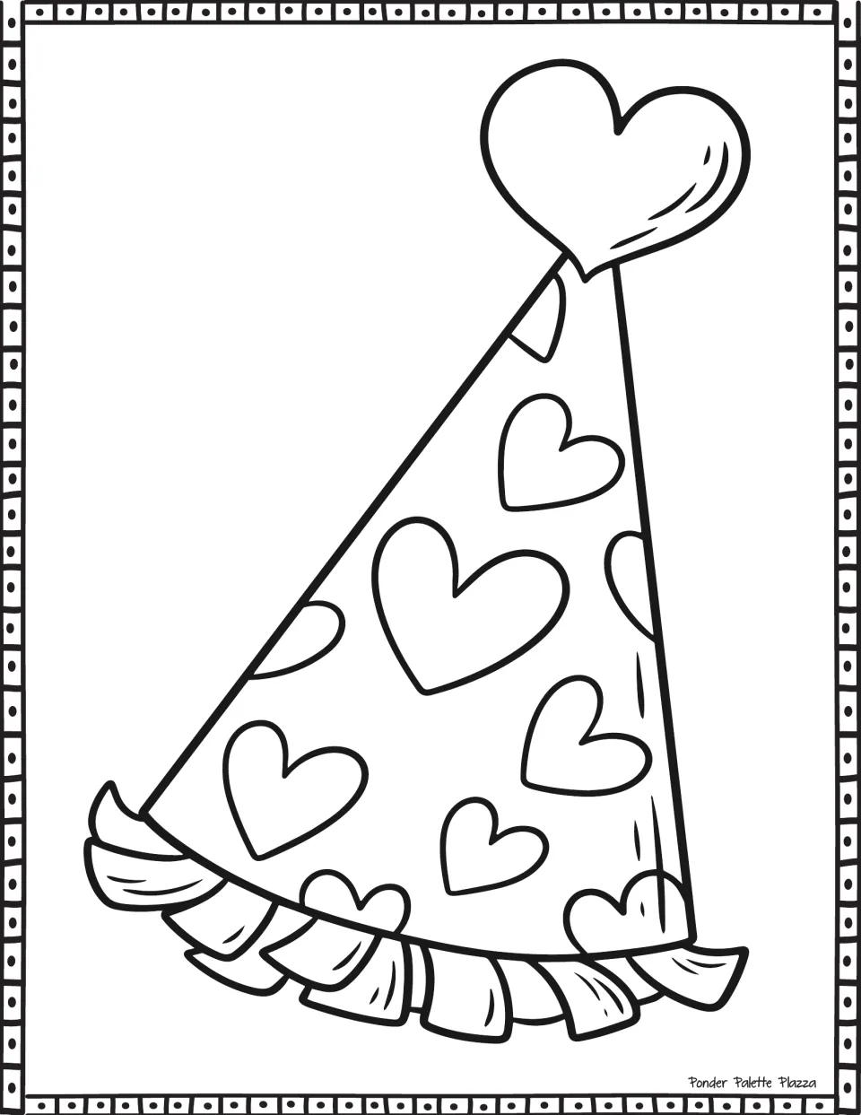 Heart party hat to color: a cone covered in outlined hearts, topped with a large heart and ruffled paper trim at the base
