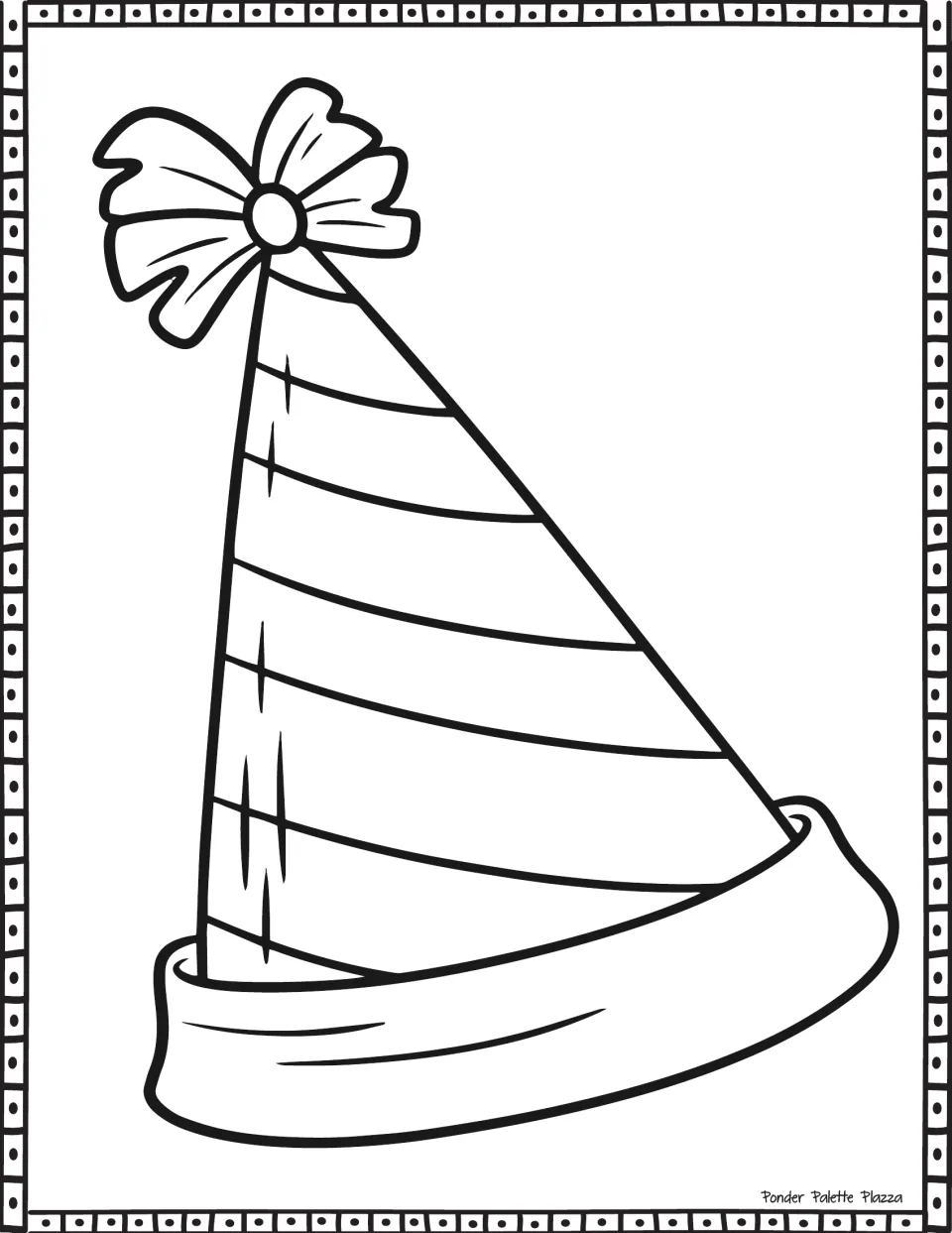 Striped party hat outline for coloring, with diagonal bands, a bow at the tip and a wide folded band around the brim