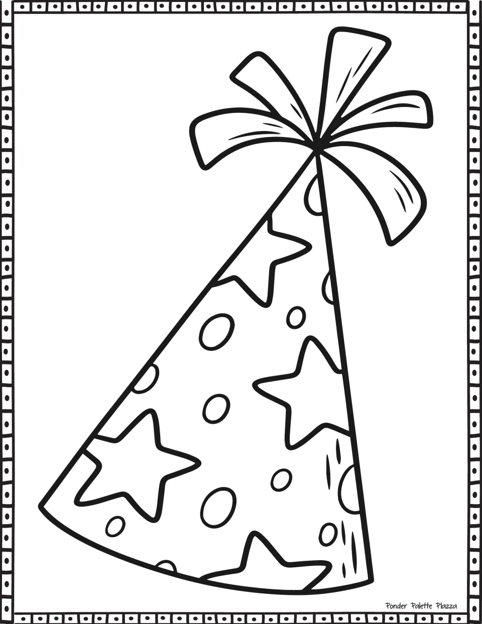 Stars and dots party hat: students color a cone patterned with five-point stars and circles under a ribbon bow on top