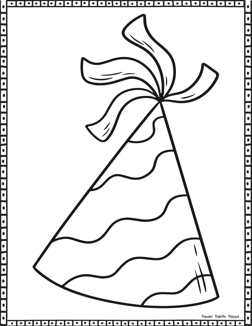 Wavy-stripe cone hat to color, with curvy bands running across it and curling ribbon streamers bursting from the tip