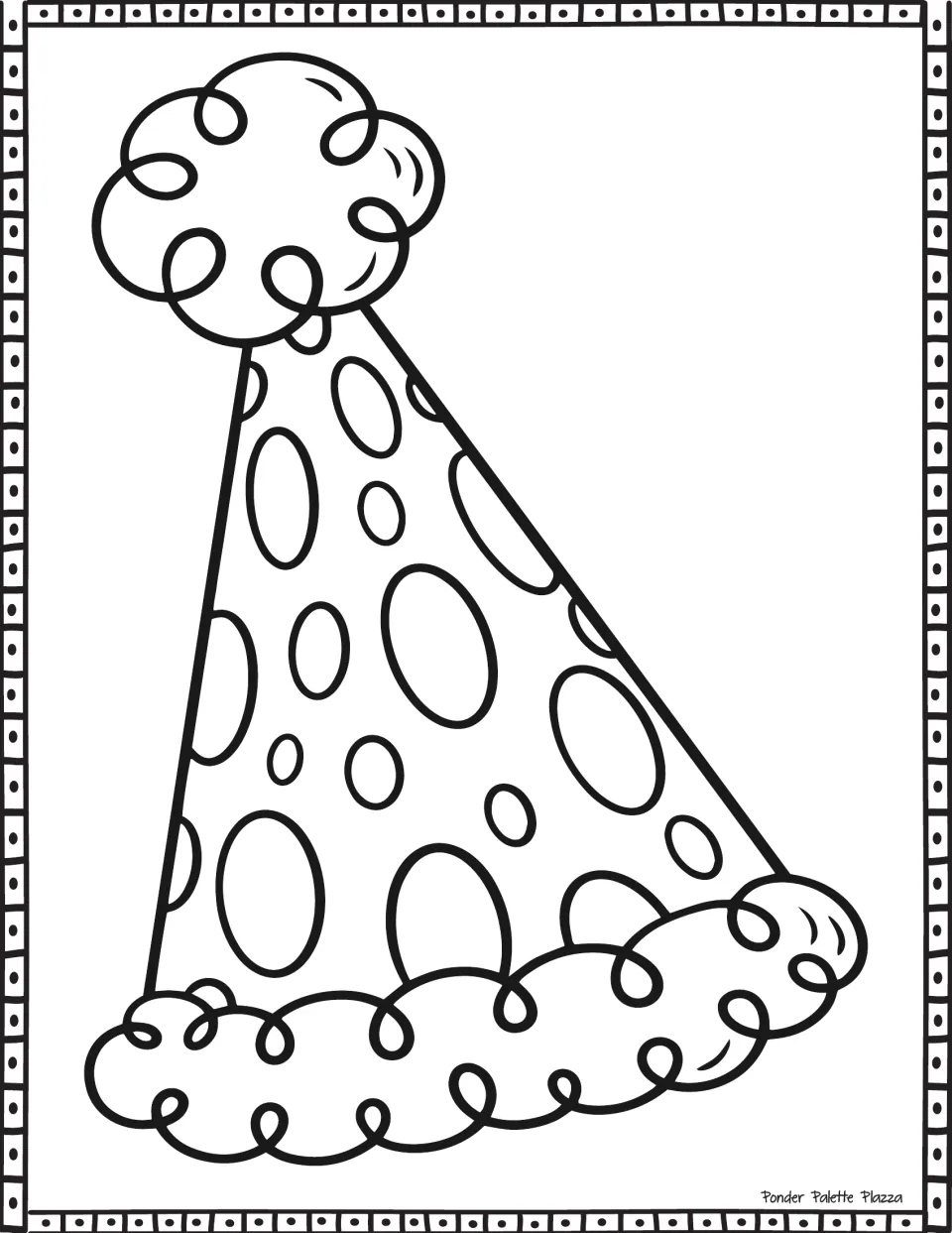 Polka-dot party hat: students color oval spots of many sizes, a curly-swirl pom-pom and a matching swirly cloud trim