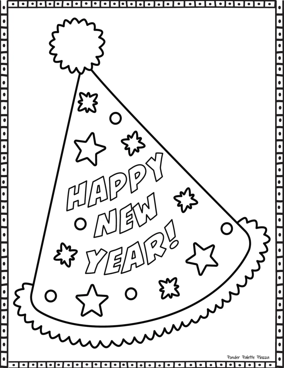 Happy New Year! party hat to color, with bubble-letter greeting, stars, bursts and dots, a pom-pom and scalloped trim