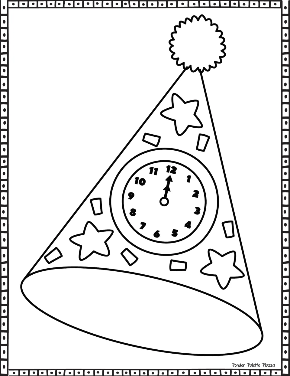 Midnight countdown hat to color: a cone with a numbered clock face, both hands on 12, stars, confetti and a pom-pom