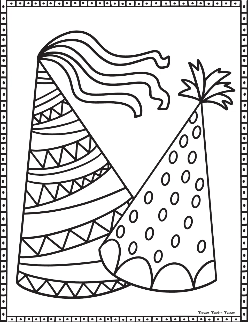 Two party hats side by side to color: one with triangle-pattern bands and streamers, one with oval dots and a tassel