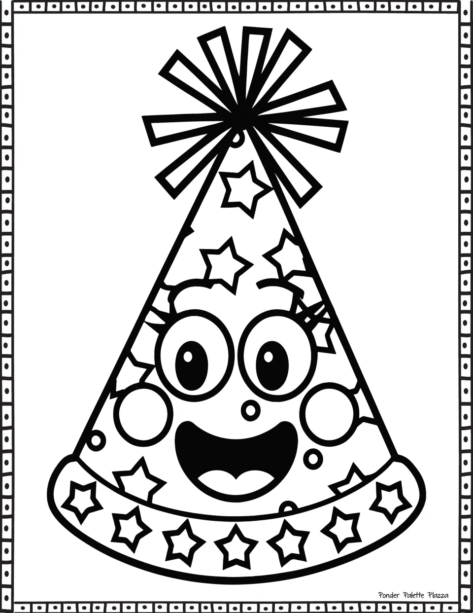 Smiling party hat character to color: big eyes, rosy cheeks and open grin, with stars on the cone and a starry brim