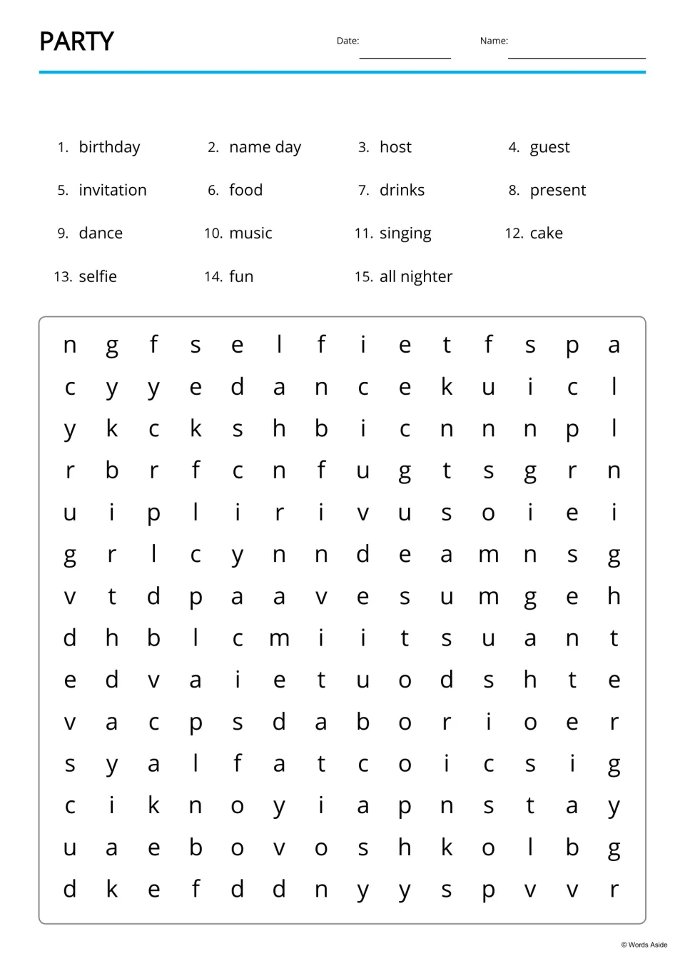 Party vocabulary word search: students find 15 words such as birthday, name day, host, invitation, selfie and all nighter