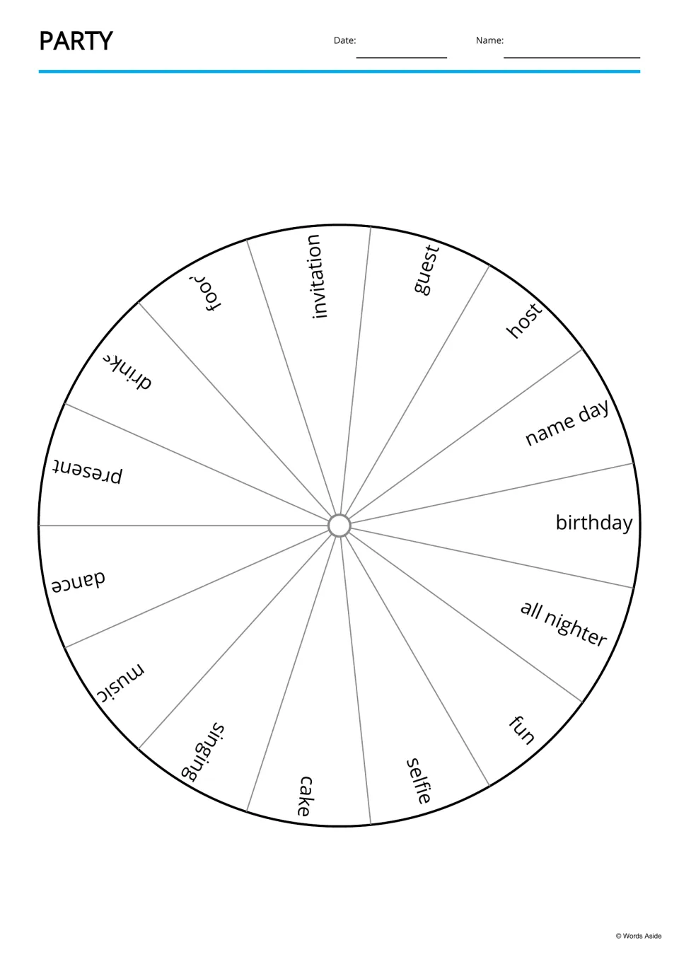 Party word wheel showing all 15 vocabulary words, from birthday and guest to cake, fun and all nighter, around a circle