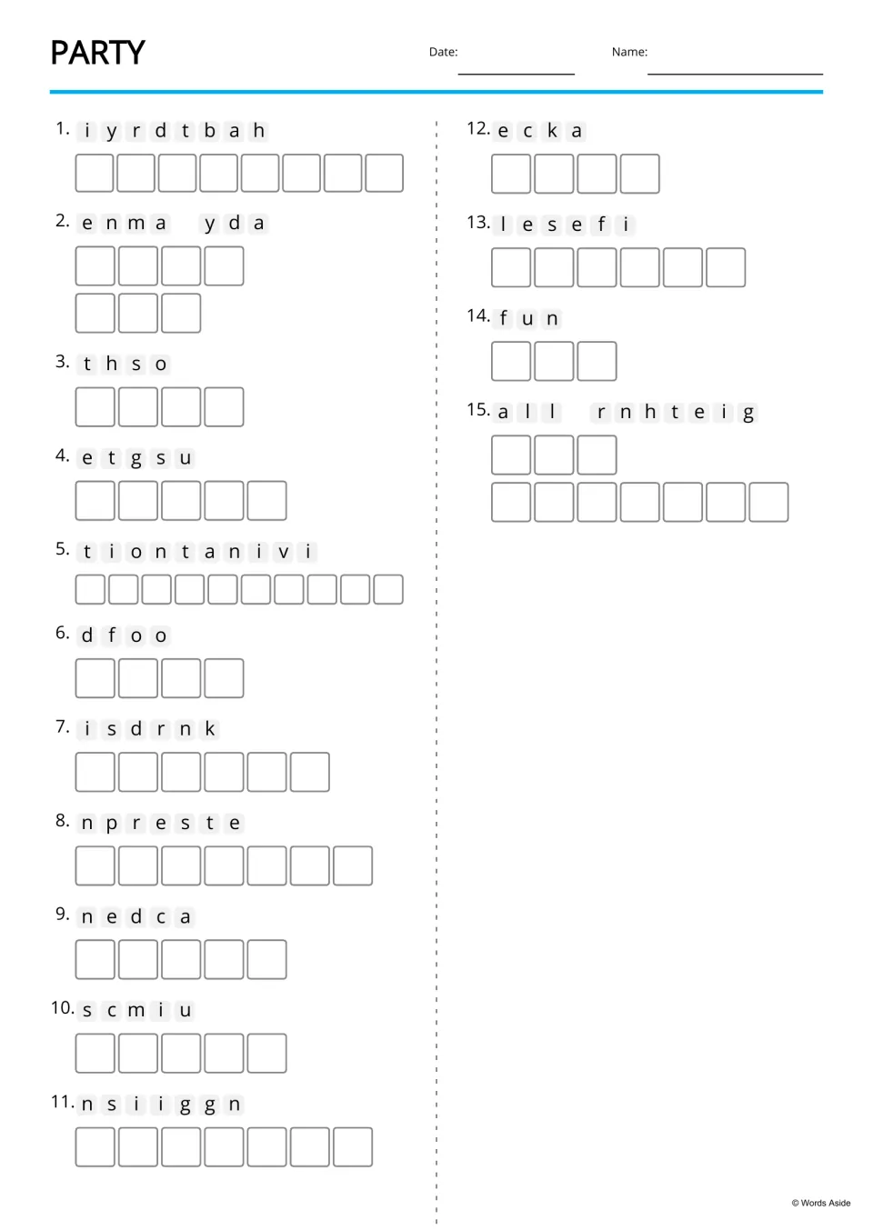 Party word scramble: students unscramble 15 jumbled words like iyrdtbah and ecka and write each one letter by letter