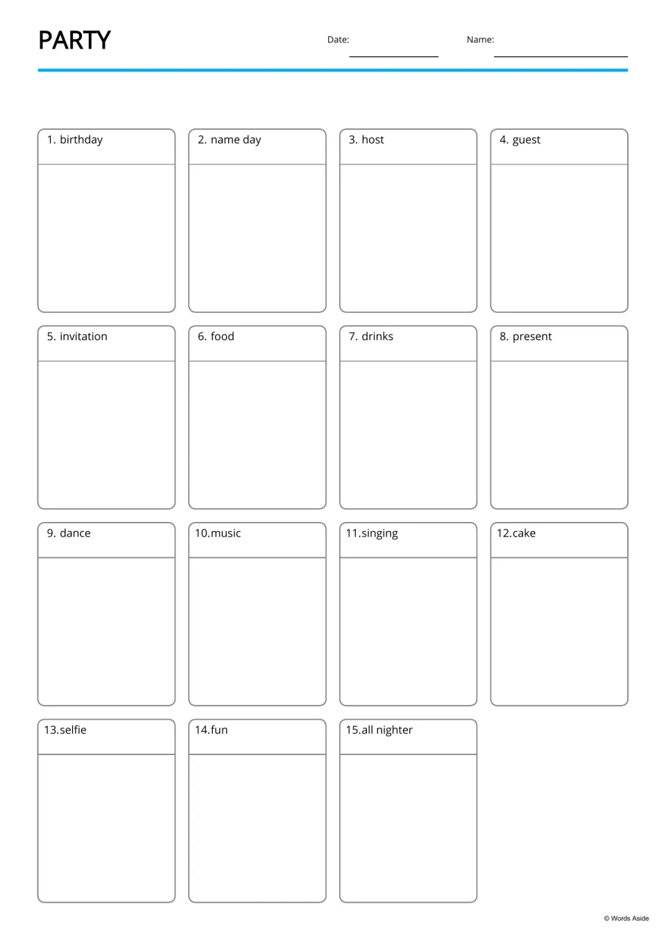 Party picture page: 15 labeled spaces, birthday through all nighter, for students to draw or glue an image of each word