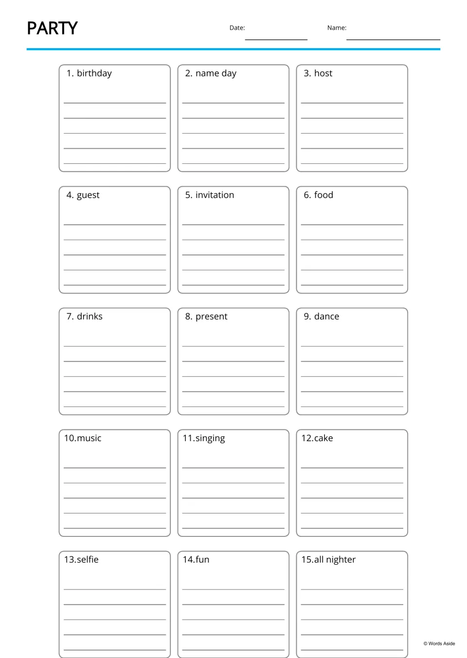 Party vocabulary writing: students write about each of the 15 numbered words, such as host, guest and present