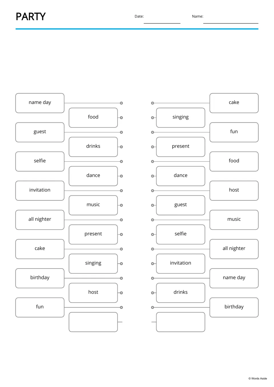 Party word matching: students draw a line from each word, like name day or selfie, to the same word in a mixed list