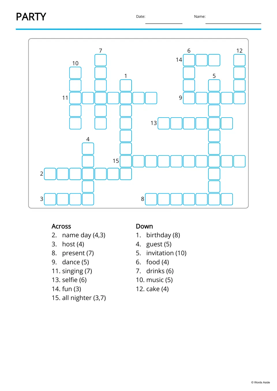 Party crossword: students fill in 15 words using Across and Down clues that give each word and its letter count
