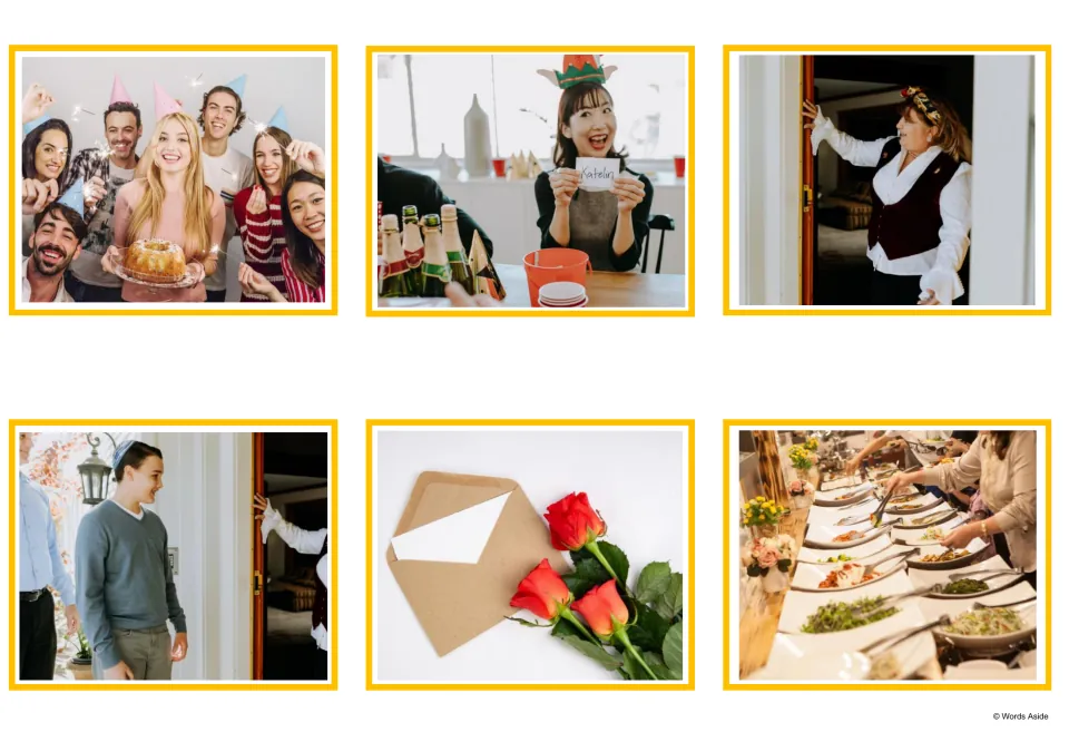 Party photo cards: friends with a cake, a name tag, a host at a door, an arriving guest, an envelope and a food buffet