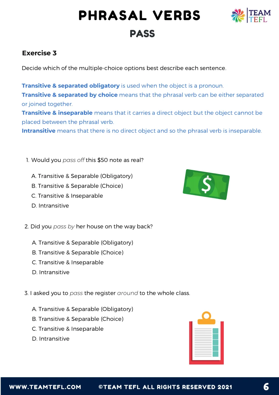 Exercise 3: students classify pass phrasal verb sentences 1-3 as transitive separable, inseparable or intransitive