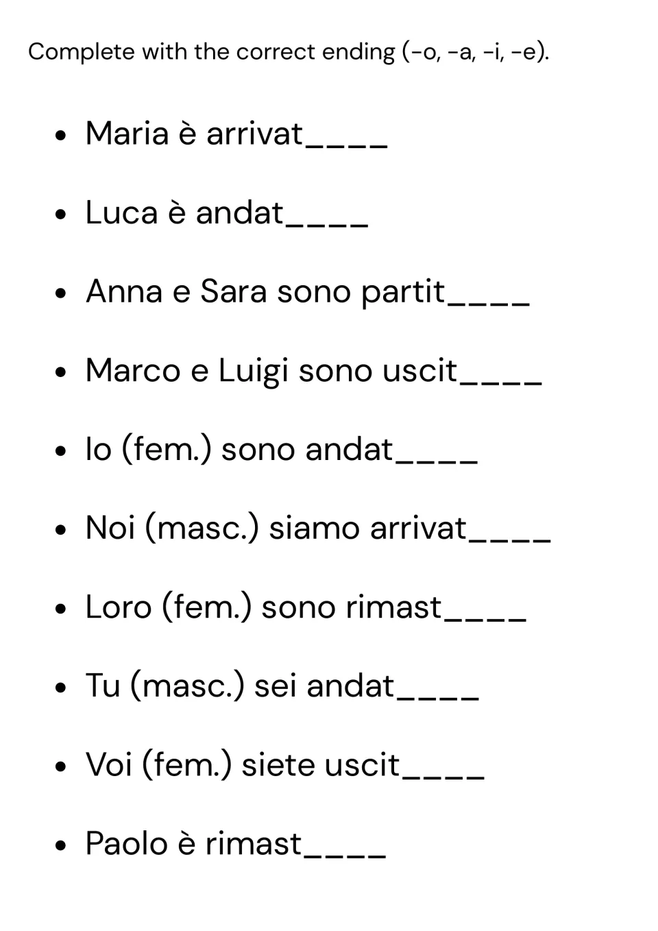 Italian agreement practice: add -o, -a, -i or -e to 10 past participles used with essere, matching each subject.