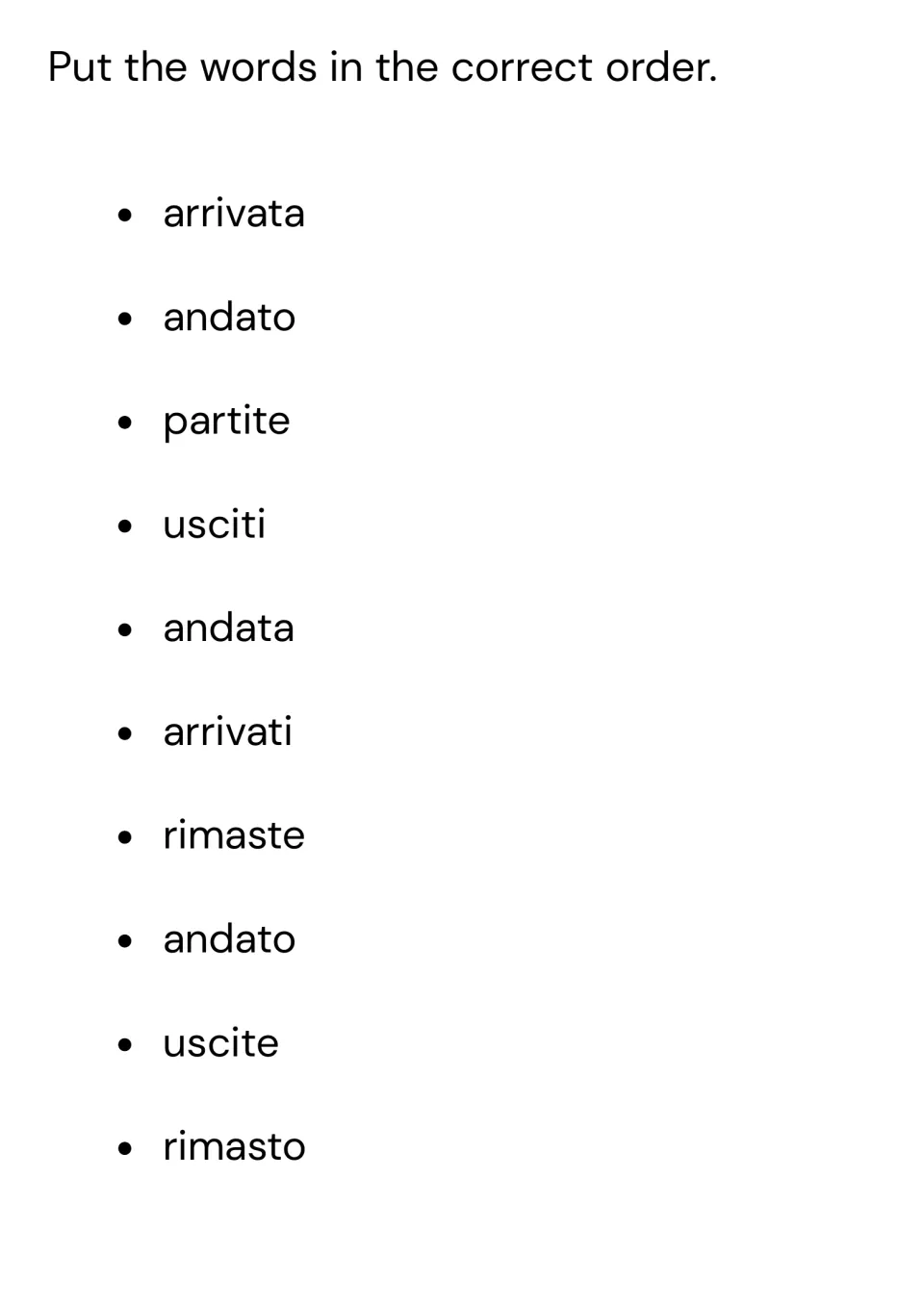 Participle endings: ten single words such as arrivata, andato, partite and usciti listed under an ordering heading